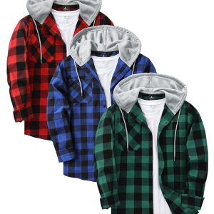 Men's Hooded Flannel Shirts | Red Navy Green Plaid | Pack of 3