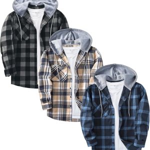 Men's Hooded Flannel Shirts | Beige Navy White Plaid | Pack of 3