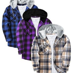 Men's Hooded Flannel Shirts | Blue Purple Beige Plaid | Pack of 3