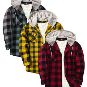 Men's Hooded Flannel Shirts | Sea Green Yellow Red Plaid | Pack of 3