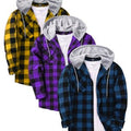 Men's Hooded Flannel Shirts | Yellow Purple Blue Plaid | Pack of 3