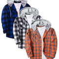 Men's Hooded Flannel Shirts | Orange Grey Blue Plaid | Pack of 3